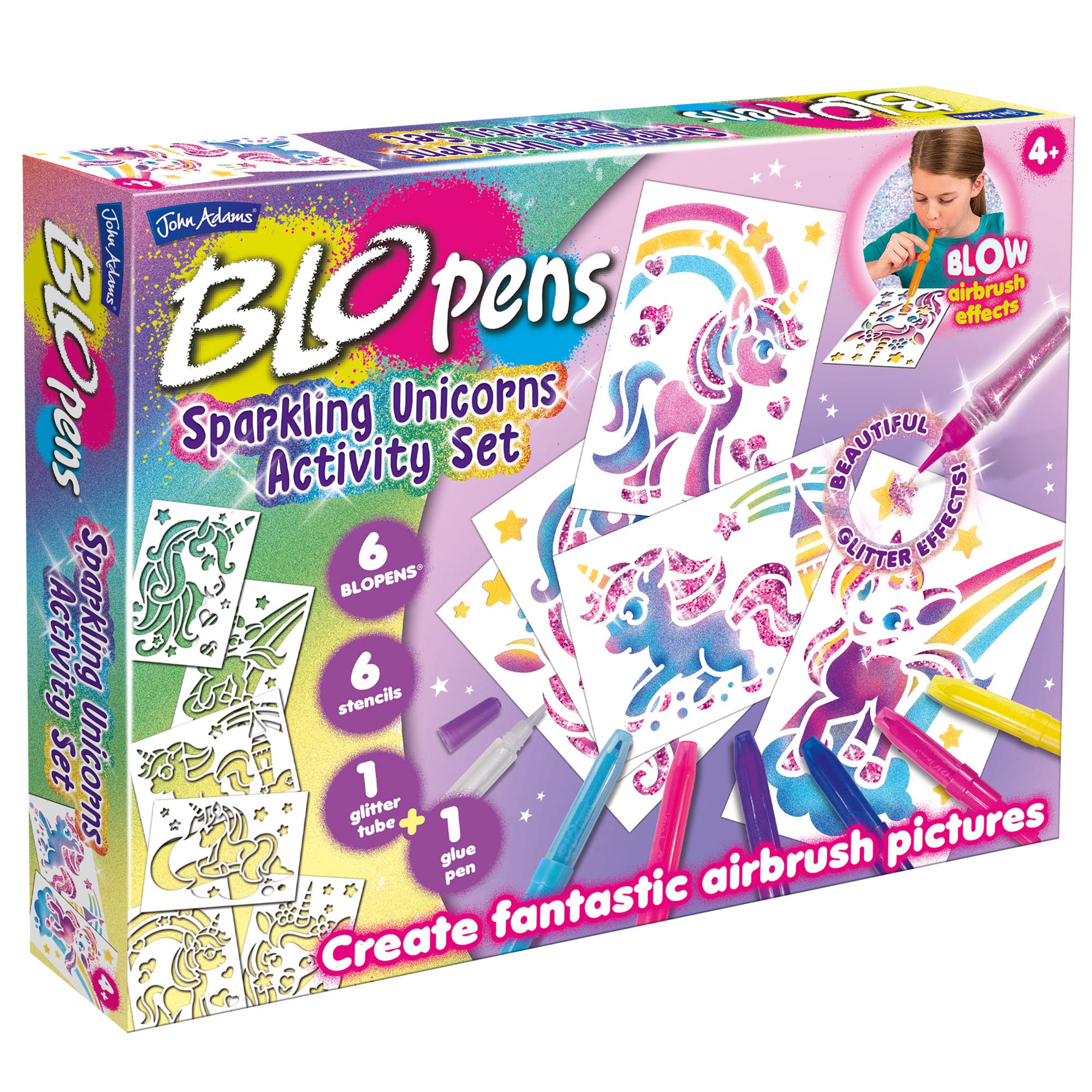 John Adams BLOPENS® Sparkling Unicorn Activity Set | Blow & Draw Pictures | 6 BLOPENs, 6 Stencils, 1 Glitter Tube & 1 Glue Pen | Age 4+ | Washable & Non-Toxic | Christmas & Birthday Present Idea