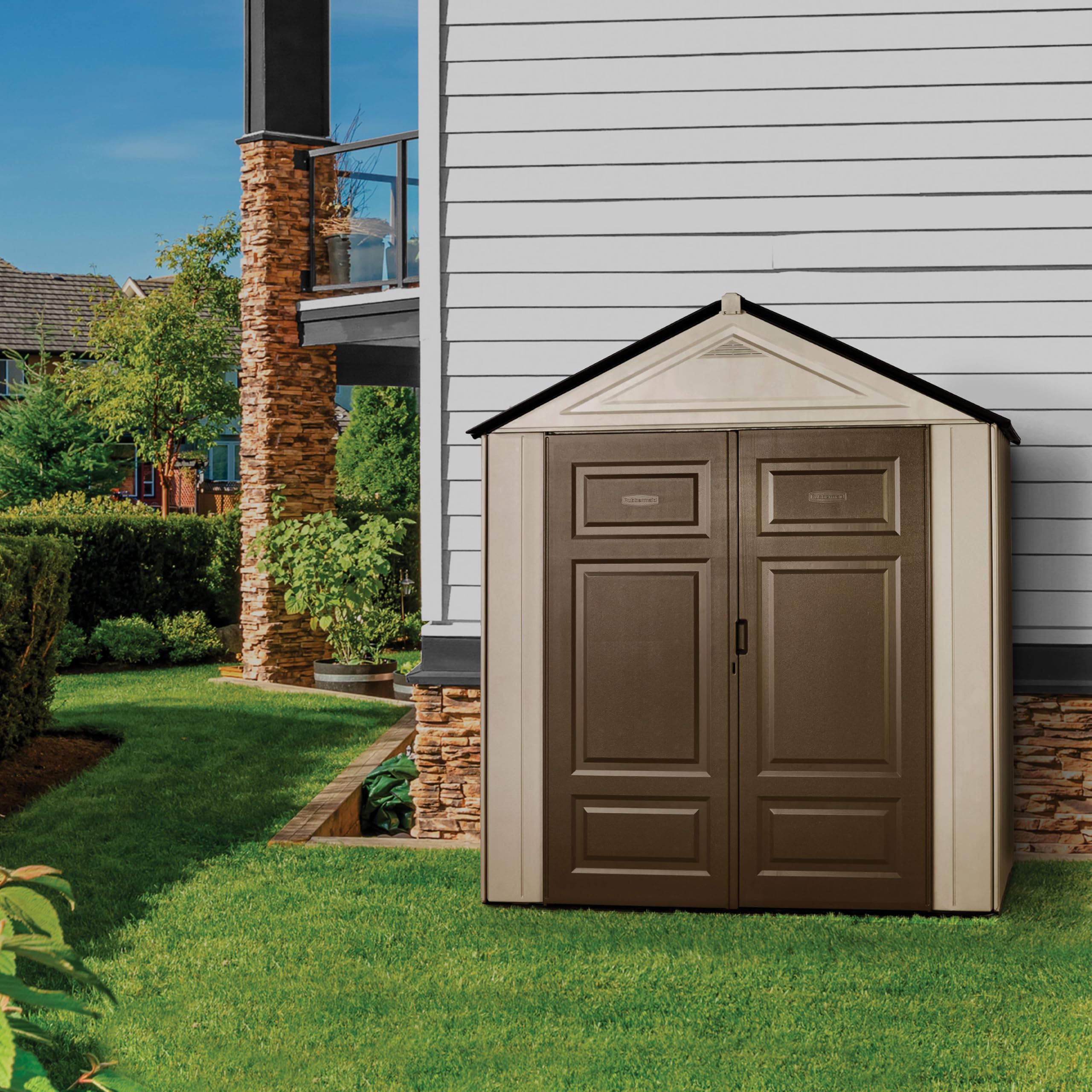 Photo 1 of Rubbermaid Resin Outdoor Storage Shed With Floor (7 x 3.5 Ft.) Weather Resistant Brown/Grey Organization for Home/Lawn Mower/Backyard Equipment/Bike Storage/Pool Supplies