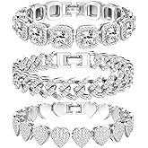 TEN MIRO Silver Plated Bracelets for Women,Silver Tennis Bracelets for Women Non Tarnish Heart Square Cuban Bracelet stack Layered Link Bracelet Set Fashion Jewelry for Women or Men
