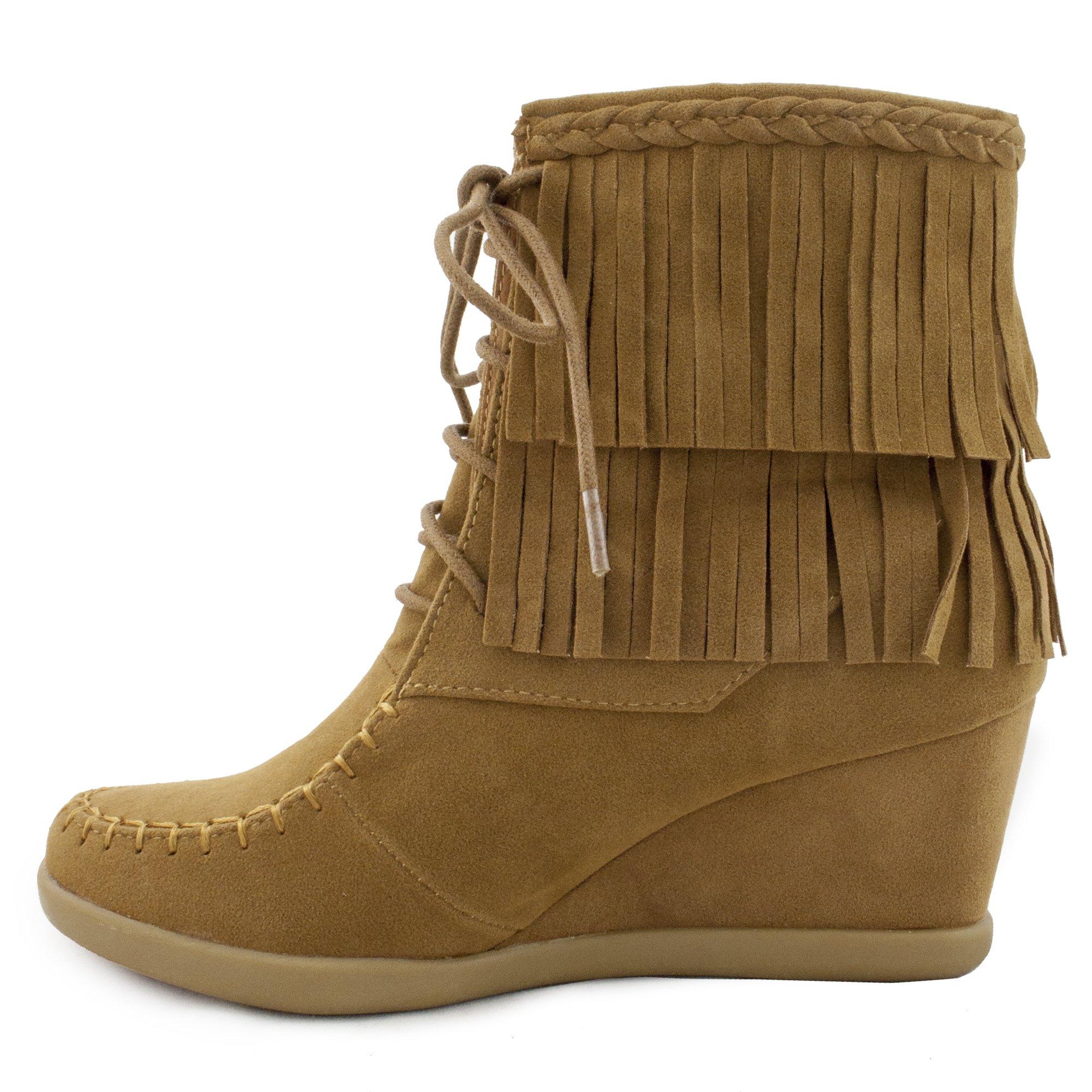 Women's Two Layered Tassel Moccasin Lace Up Fashion Ankle Wedge Bootie - Image 4