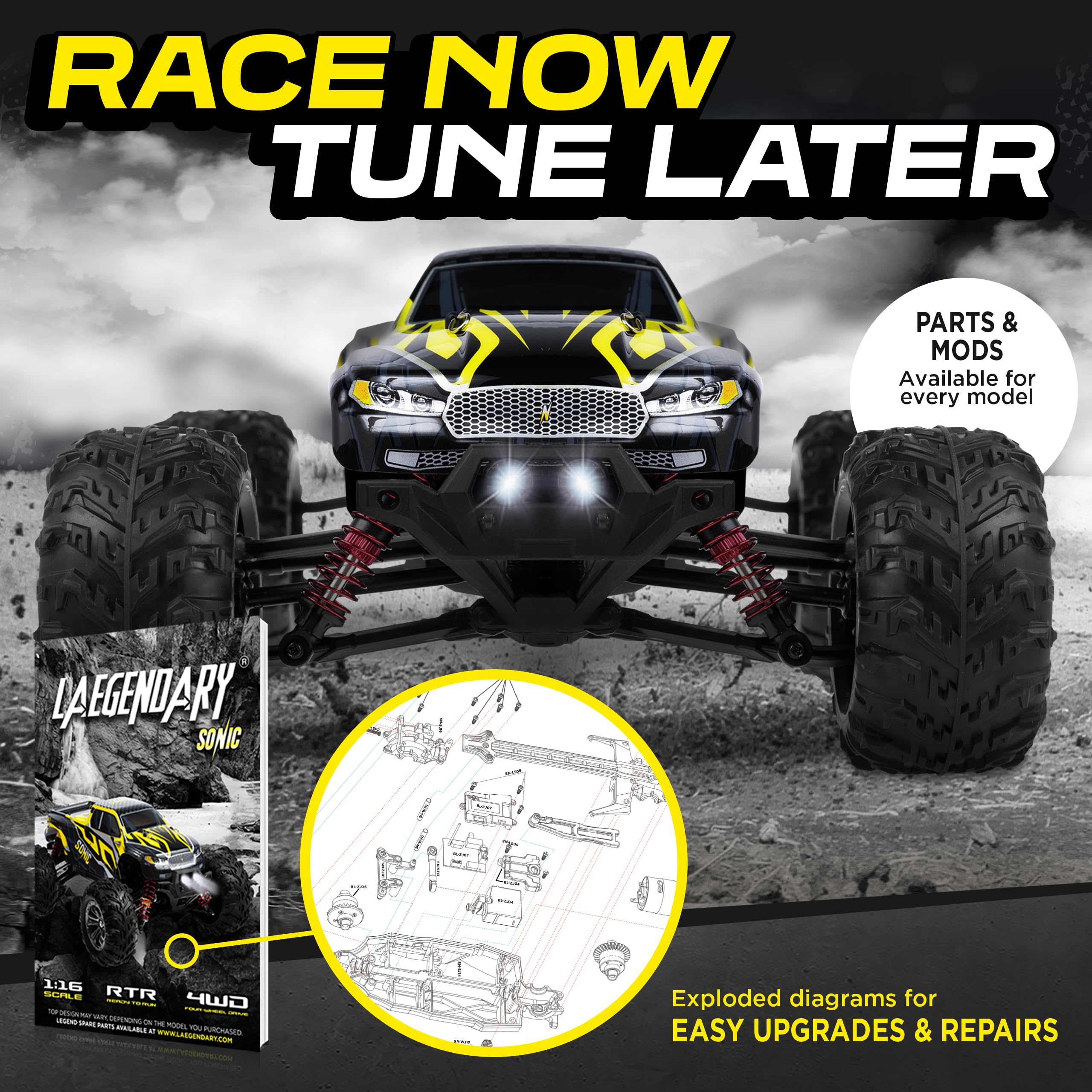 LAEGENDARY 1:16 Scale 4x4 Off-Road RC Truck - Hobby Grade Brushed Motor RC Car with 2 Batteries, Waterproof Fast Remote Control Car for Adults