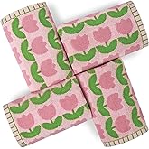 Jacquotha 4-Piece Hand Towels with Pink Tulips Pattern, Small Size 13x28 Inches, Cotton