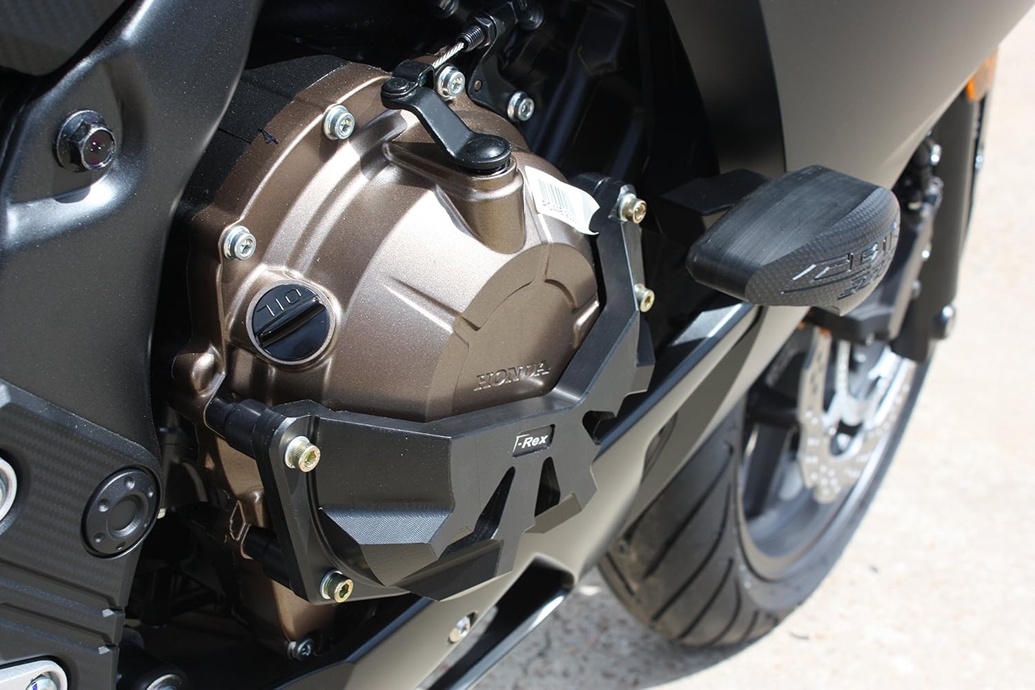 On Honda CBR500R No Cut Frame Sliders Case Covers Spools Red TRex