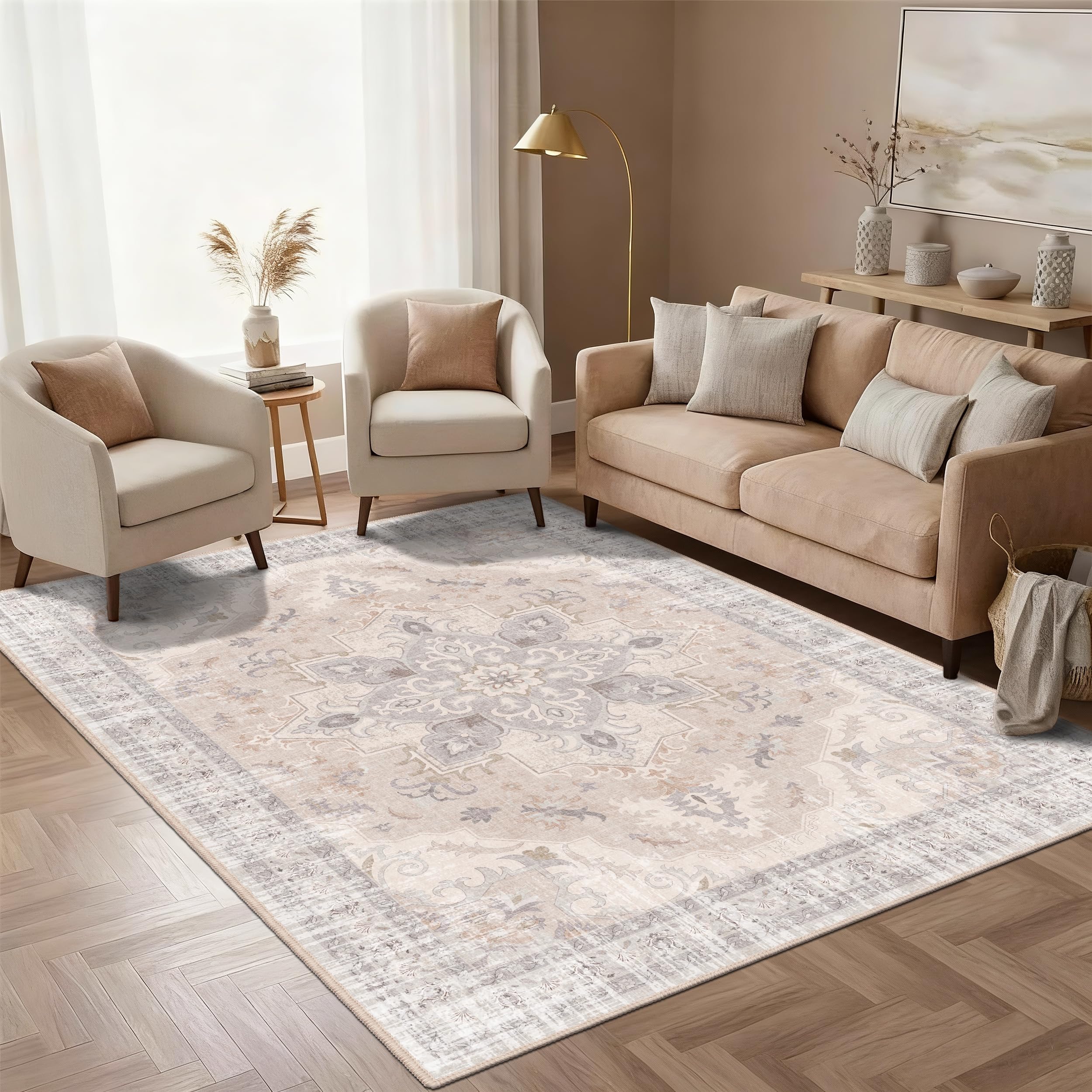 TTelephant Area Rugs 5x7, Washable Rugs for Living Room, Soft Non-Slip Vintage Medallion Rug, Low-Pile Printed Carpet for Bedroom, Dining Room, Nursery -Light Blush/Cream Image