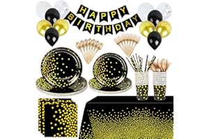 RFAQK 200PCS Black and Gold Party Supplies, Disposable Party Dinnerware Gold Plastic Spoons and Golden Dot Black Paper Plates Napkins Cups Banner for Birthday, Graduation and Wedding Party, Severs 24 Guests