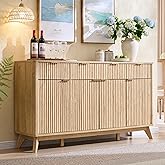 OKD Fluted Storage Cabinet with Drawers, 60" Morden Buffet Sideboard Coffee Bar Cabinet with 4 Doors and 3 Drawers for Dining Room, Living Room,Hallway (Natural Oak)