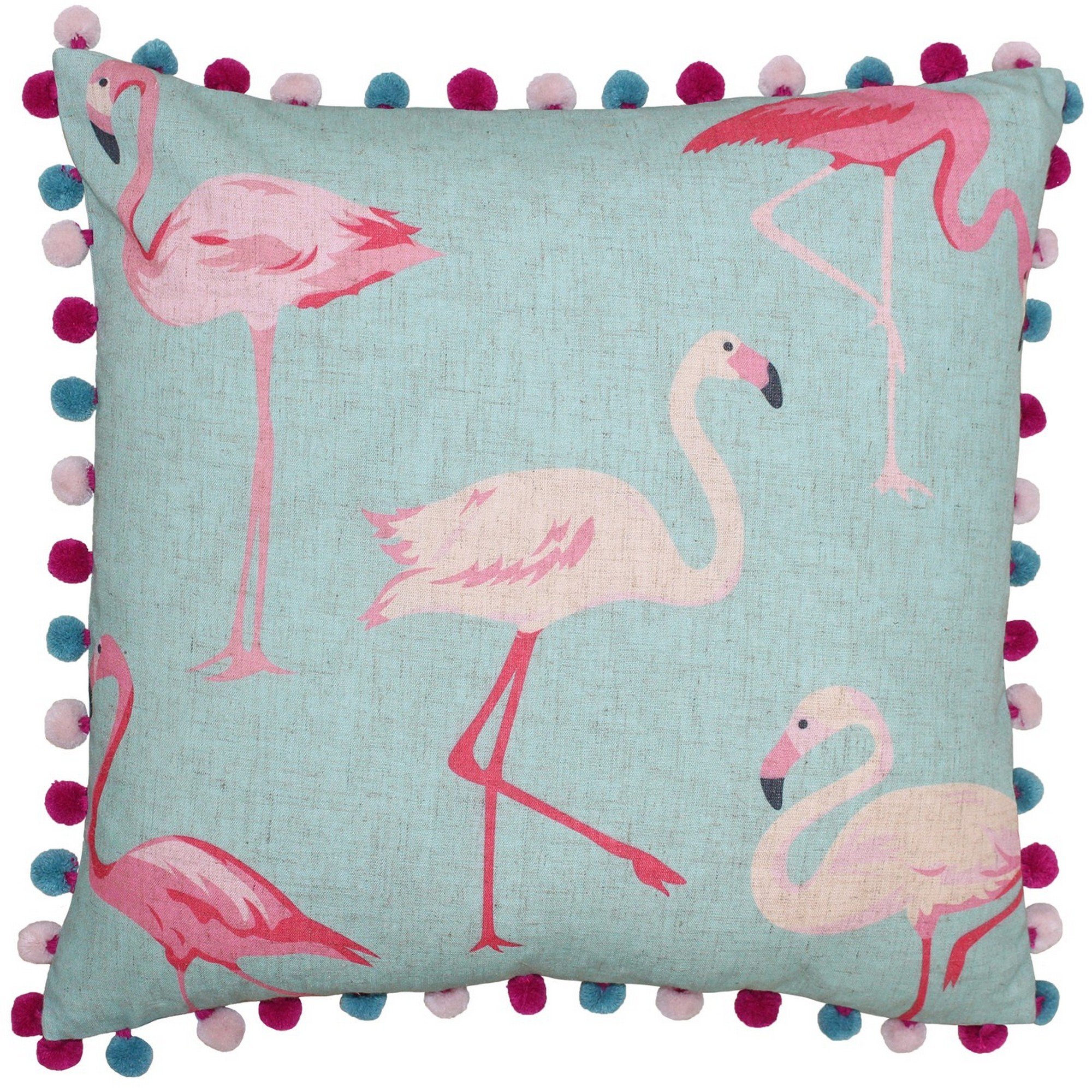 Riva Paoletti Flamingo Square Cushion Cover - Flamingo Print on Linen Fabric - Pompom Edges - Hidden Zip Closure - Duck Egg Blue and Pastel Pink - 100% Polyester - 50 x 50cm (20" x 20" inches)