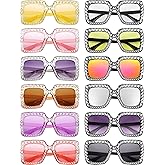 Frienda 12 Pairs Rhinestone Glasses Women Square Frame Oversized Crystal Sunglasses Diamond Sparkly Glitter Retro Disco Bling Sunglasses Bulk, Chic Colors