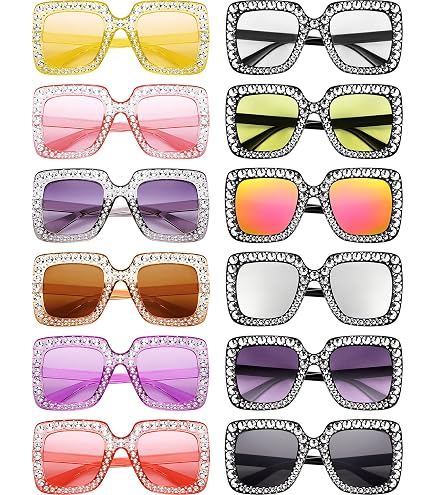 Frienda 6 Pairs Rhinestone Oversized Square Sunglasses 70s 
