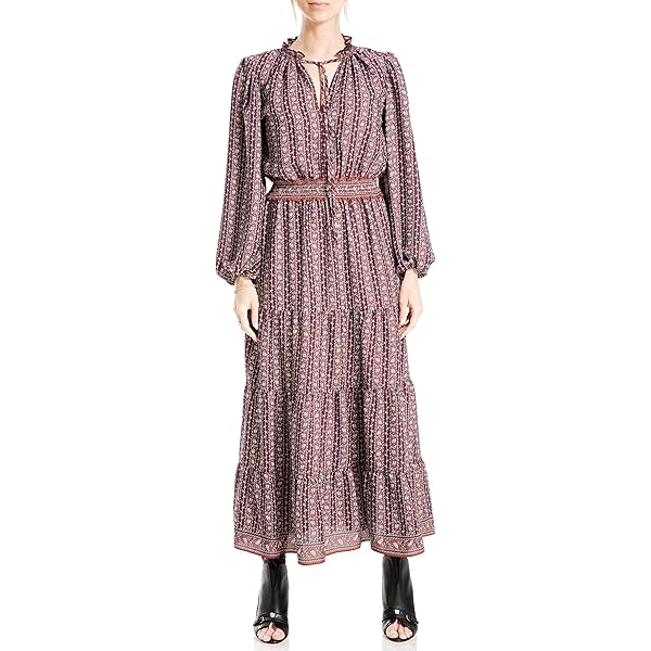 Max Studio Women's 3/4 Puff Sleeve V-Neck Maxi Dress, Spiced Apple Rambling  Dahlia, X-Small at Amazon Women's Clothing store