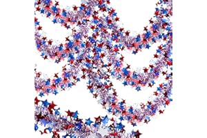 SURCVIO 4th of July Patriotic Tinsel Garland Decoration 3 Pack 50 Ft, Red, White and Blue Tinsel Garland with Star Metallic Glitter Hanging Garland for Independence Day Indoor and Outdoor Decorations