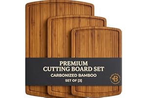 BAMBUSI Wooden Cutting Boards for Kitchen - Carbonized Bamboo Cutting Board Set of 3 with Deep Juice Groove, Side Handles - W