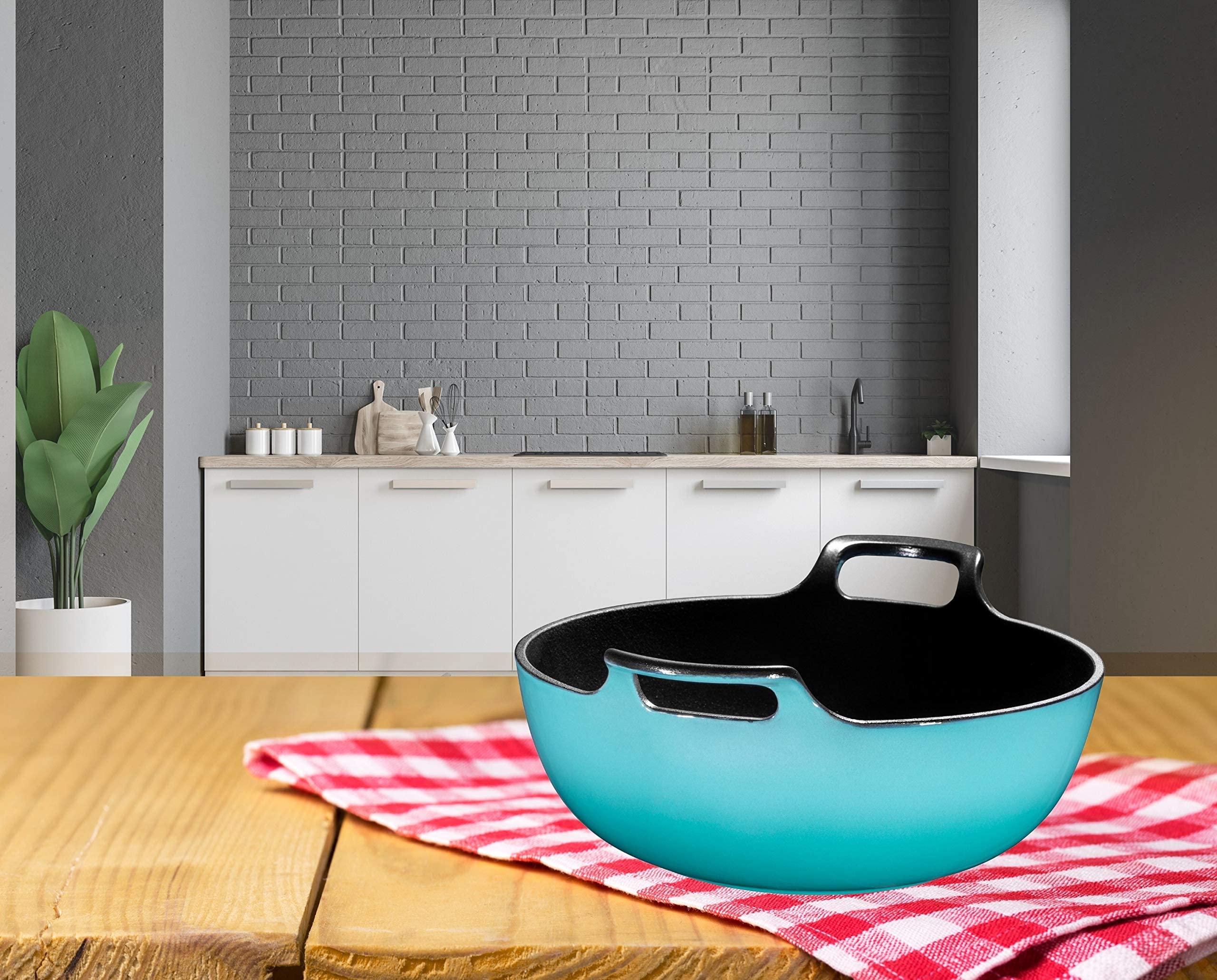 Bruntmor 3 Qt Enamel Cast Iron Balti Dish - Nonstick Handi for Curries, Asian Wok, Dutch Oven for Casseroles, Stovetop Stir Fry Pan