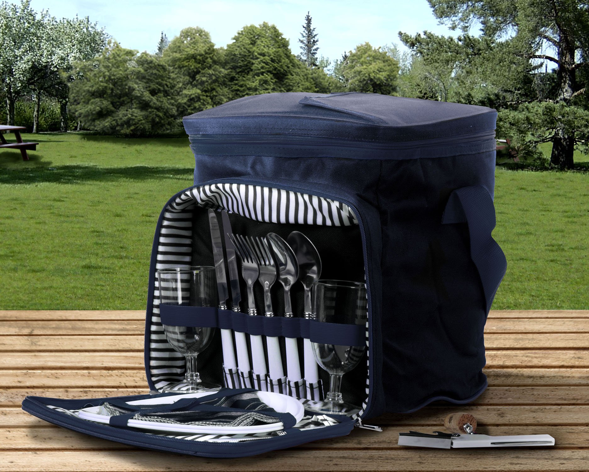 Blue Insulated Picnic Basket Lunch Tote Cooler Backpack w/ Flatware