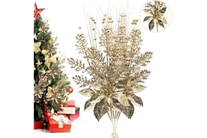 MRHEPHAESTUS Artificial Glitter Berry Stem Ornaments, 18 Pack 17.5 Inch Gold Fake Christmas Picks Decorations with Poinsettia Christmas Flowers, Bead Sticks for Christmas Tree Wedding Small Vase Wreath Decor
