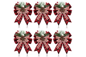 Moucuny 6 Pcs Christmas Burlap Plaid Bow with Pine Cones Pine Needles Xmas Checkered Ribbon Bow for Christmas Indoor Outdoor Farmhouse Tree Wreath Garland Craft Decor(Red and Black)