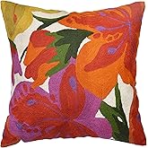 Kashmir Designs Floral Bloom Pillow Cover | Suzani Accent Pillowcase | Flower Accent Cushions | Hand Embroidered Wool Cushion - 18x18