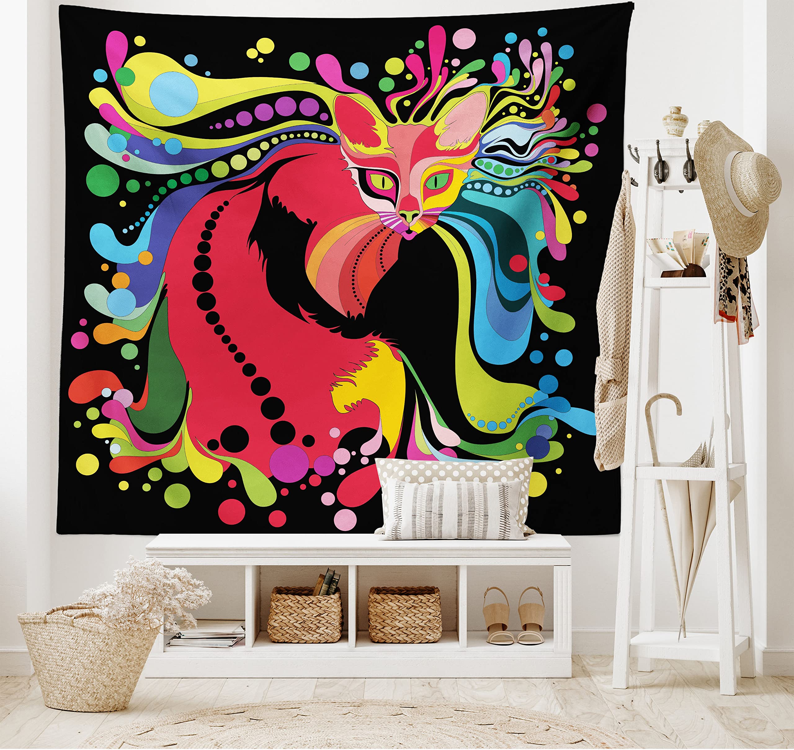 ABAKUHAUS Psychedelic Tapestry, Futuristic Kitty Visual Print Fluid Swirling Color Burst Motifs Kitty Graphic, Fabric Wall Hanging Decor for Bedroom Living Room Dorm, 90 W X 54 L, Black Multicolor
