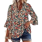 LOOKBOHO Boho Tops for Women 3/4 Sleeve Casual Floral Blouses Sleeve Button V-Neck Business Trendy Shirts Orange M