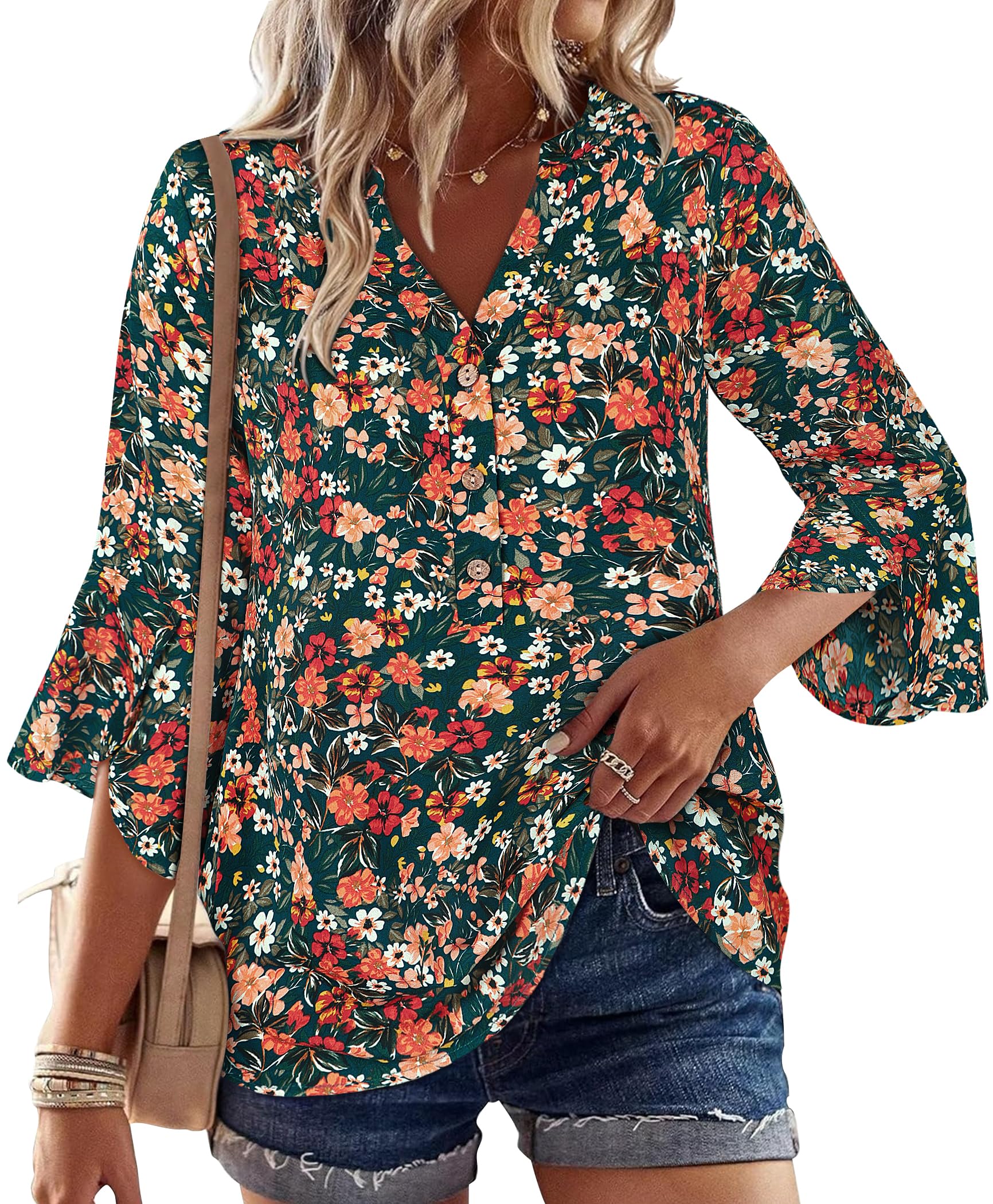 LOOKBOHO Dressy Tops for Women Womens 3/4 Sleeve Casual Peplum Blouses Sleeve Button V-Neck Business Trendy Shirts Orange S
