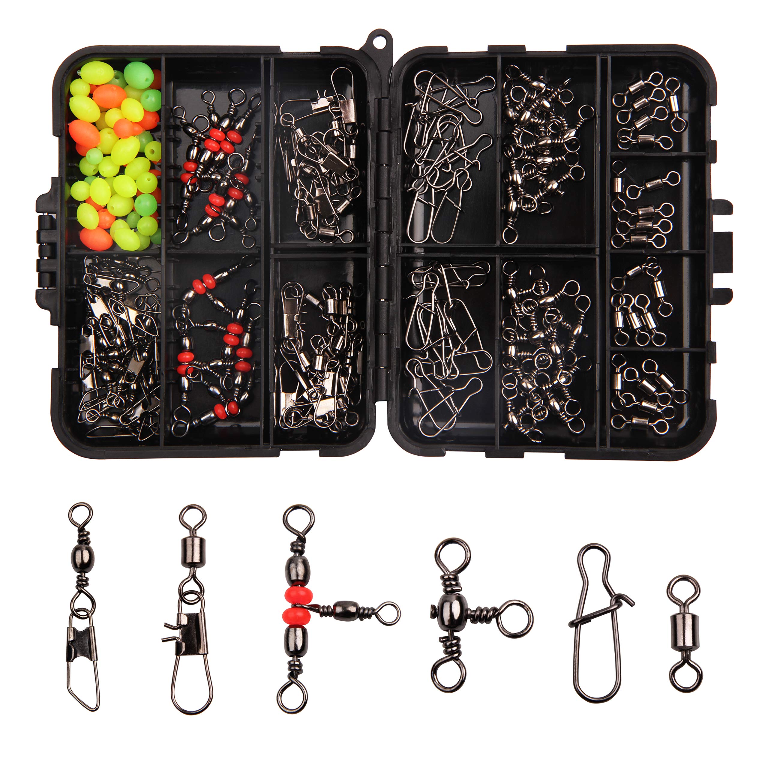 140pcs/box Fishing Swivel Snaps Kit Include Ball Bearing Swivel Snap Barrel 3 Way Triple Swivel Connector Clips Fishing Beads Fishing Accessories Set