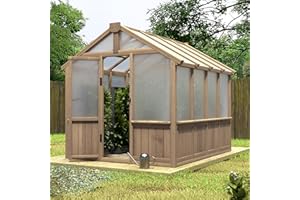 Mupater 6 x 8 Ft Wooden Polycarbonate Greenhouse with Ventilated Window and Lockable Door, Walk-in Greenhouse for Outdoors, Backyard, Brown