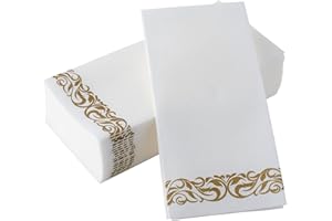 BloominGoods Disposable Guest Towels for Bathroom - Linen-Feel Hand Towel -Paper Napkins for Party, Wedding or Dinner - Premium Quality Soft Absorbent Napkins White and Gold 8.5 X 4" Folded 100 Pack