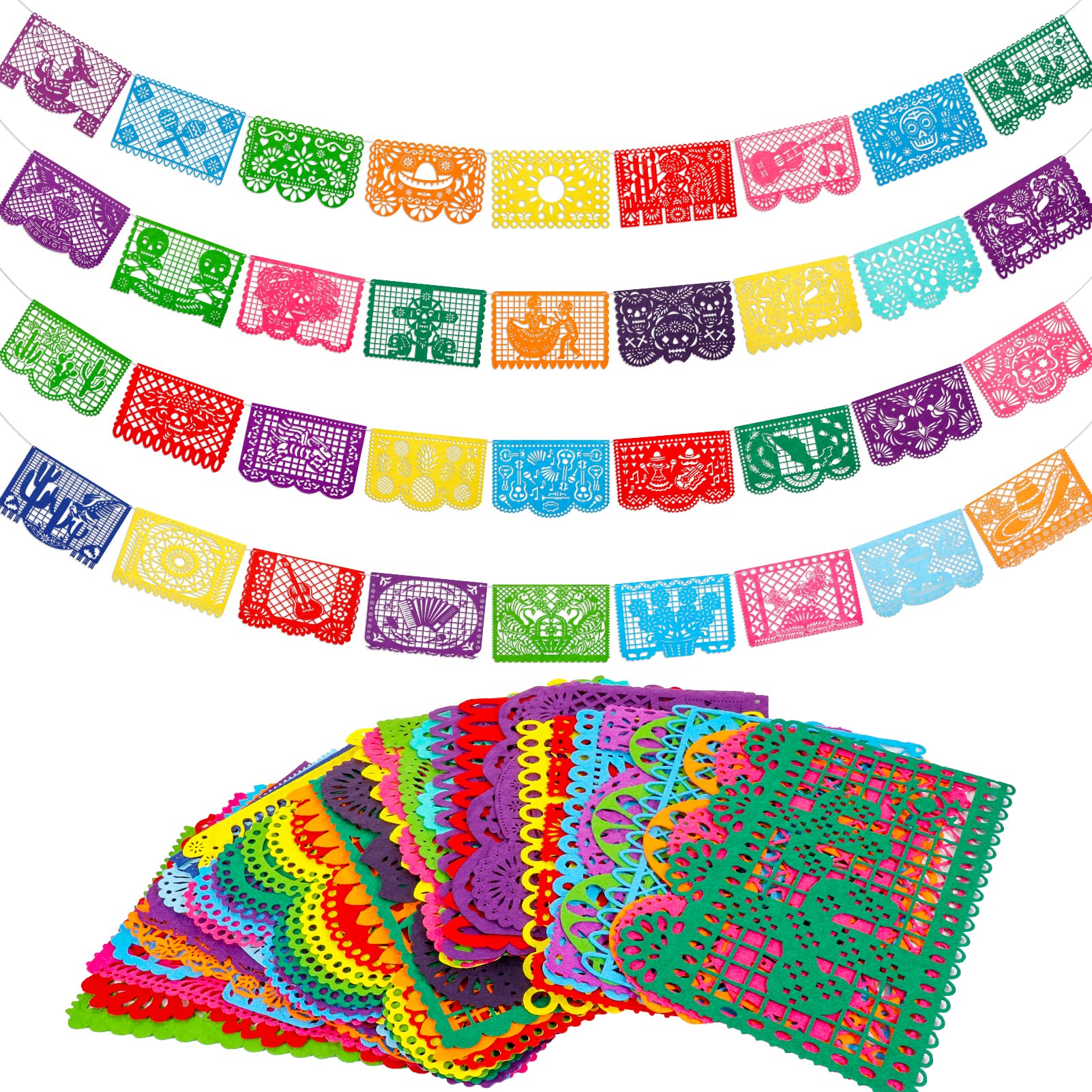 Qpout 4pcs Mexican Fiesta Party Felt Banner - Cinco de Mayo, Dia De Los Muertos, Day of The Dead Papel Picado Hanging Decorations - 4 Different Designs