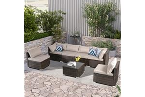 PORWEY Patio Outdoor Furniture Set 7 Pieces Rattan Wicker Sectional Sofa Couch Conversation Set with Table for Deck Lawn, Brown Wicker/Gray Cushion