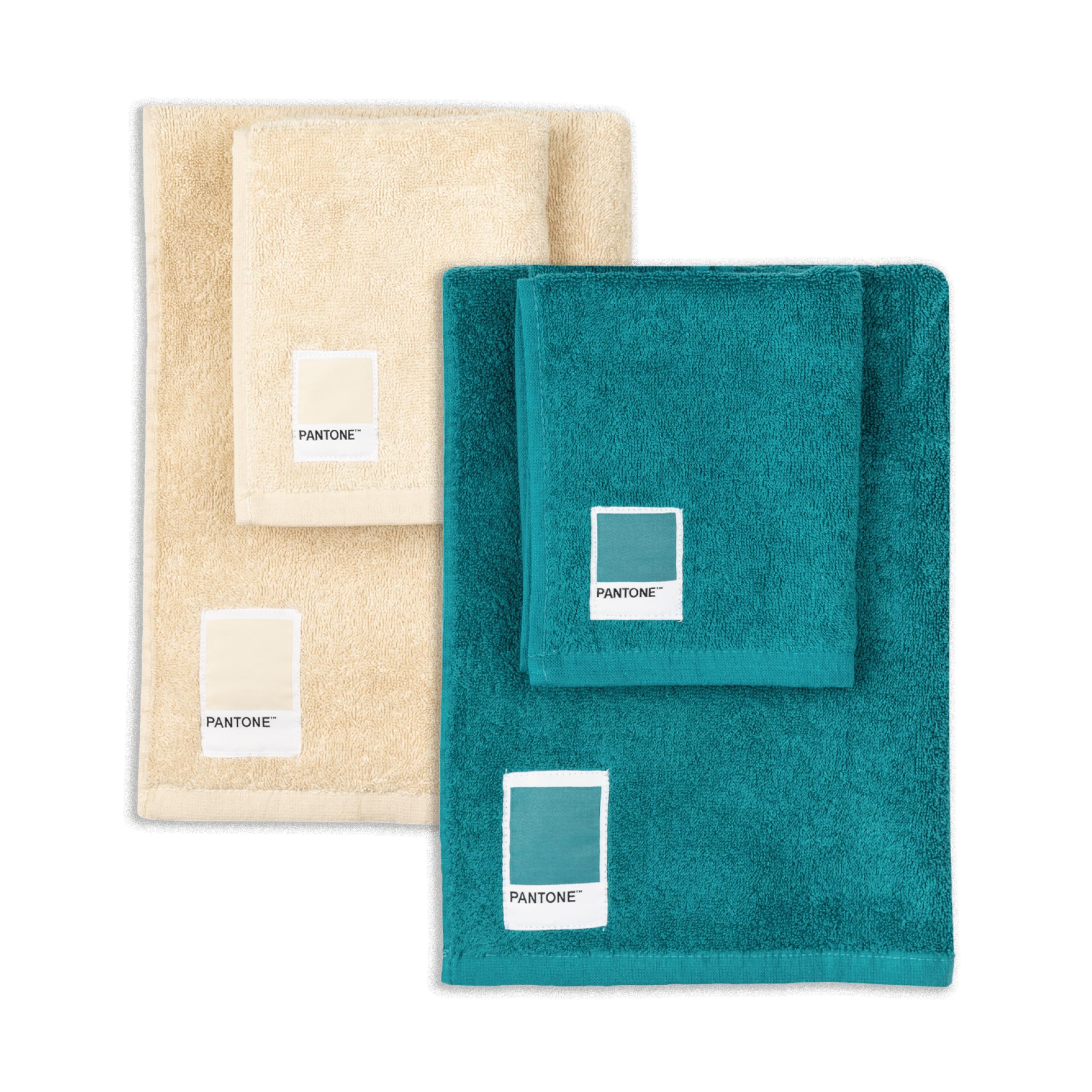 SWEET HOME PANTONE™ – 100% OEKO-TEX Certified Pure Cotton Bath Towels and Bidet Towels, 2 Bath Towels 50 x 100 cm and 40 x 50 cm, Soft and Absorbent Also as Gym Towel, Teal and Vanilla