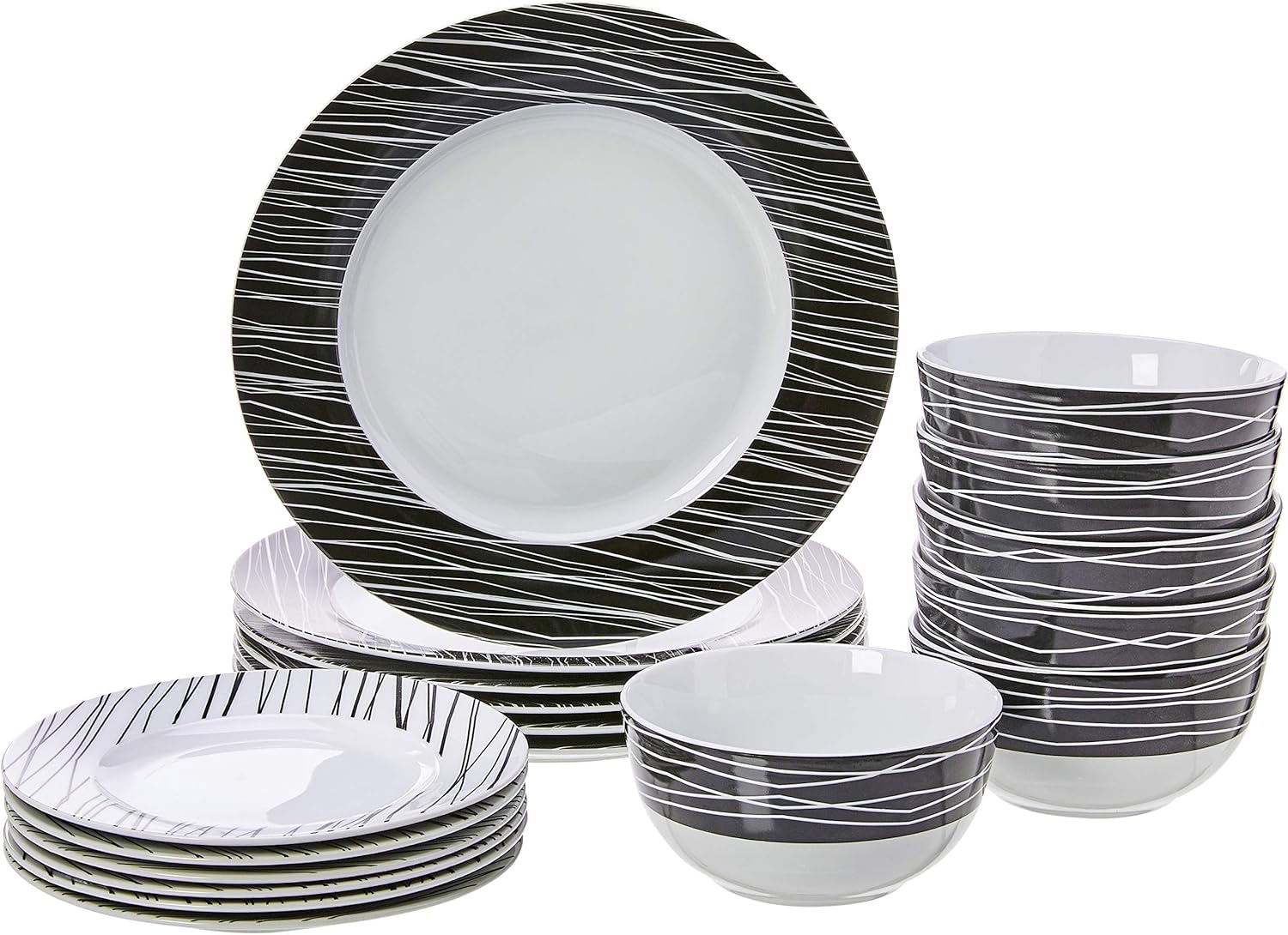 AmazonBasics 18-Piece Kitchen Dinnerware Set, Plates, Dishes, Bowls, Service for 6, Sketch
