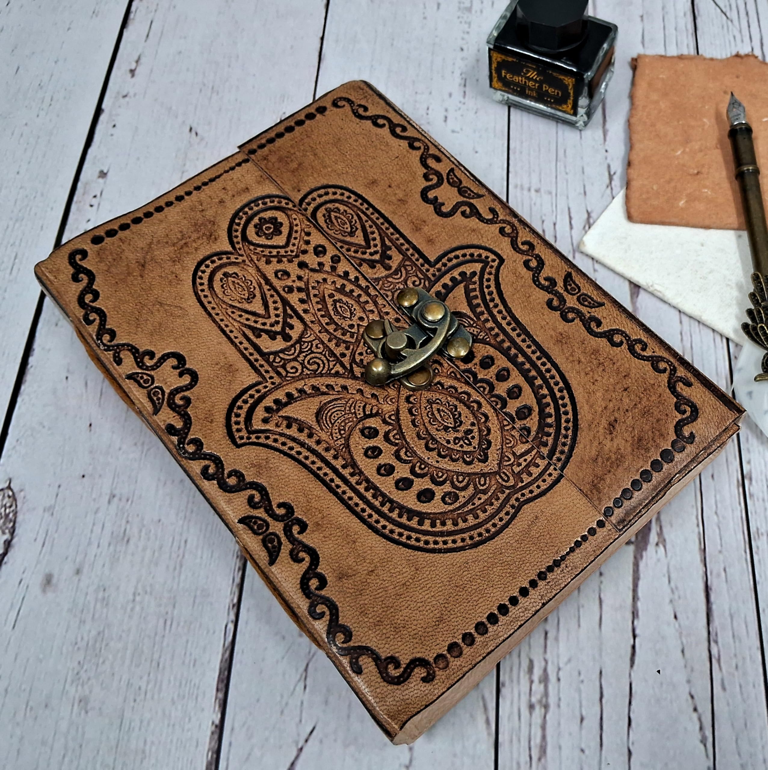 Purpledip Leather Journal 'Hand of Fatima': Vintage Design Diary Notebook (11323A)