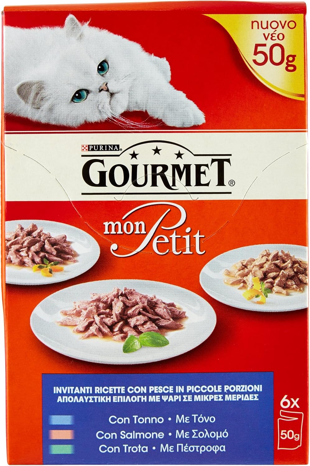 Gourmet Mon Petit Cat Food, Small Portions in 3 Flavours (Tuna, Salmon, Trout) - 6 x 50-gram Sachets (300 Grams)