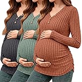 Oakgarden 3 Pack Women's V Neck Maternity Sweaters Long Sleeve Shirts Clothes Pregnancy Henley Tops Ribbed Side Ruched Tunic