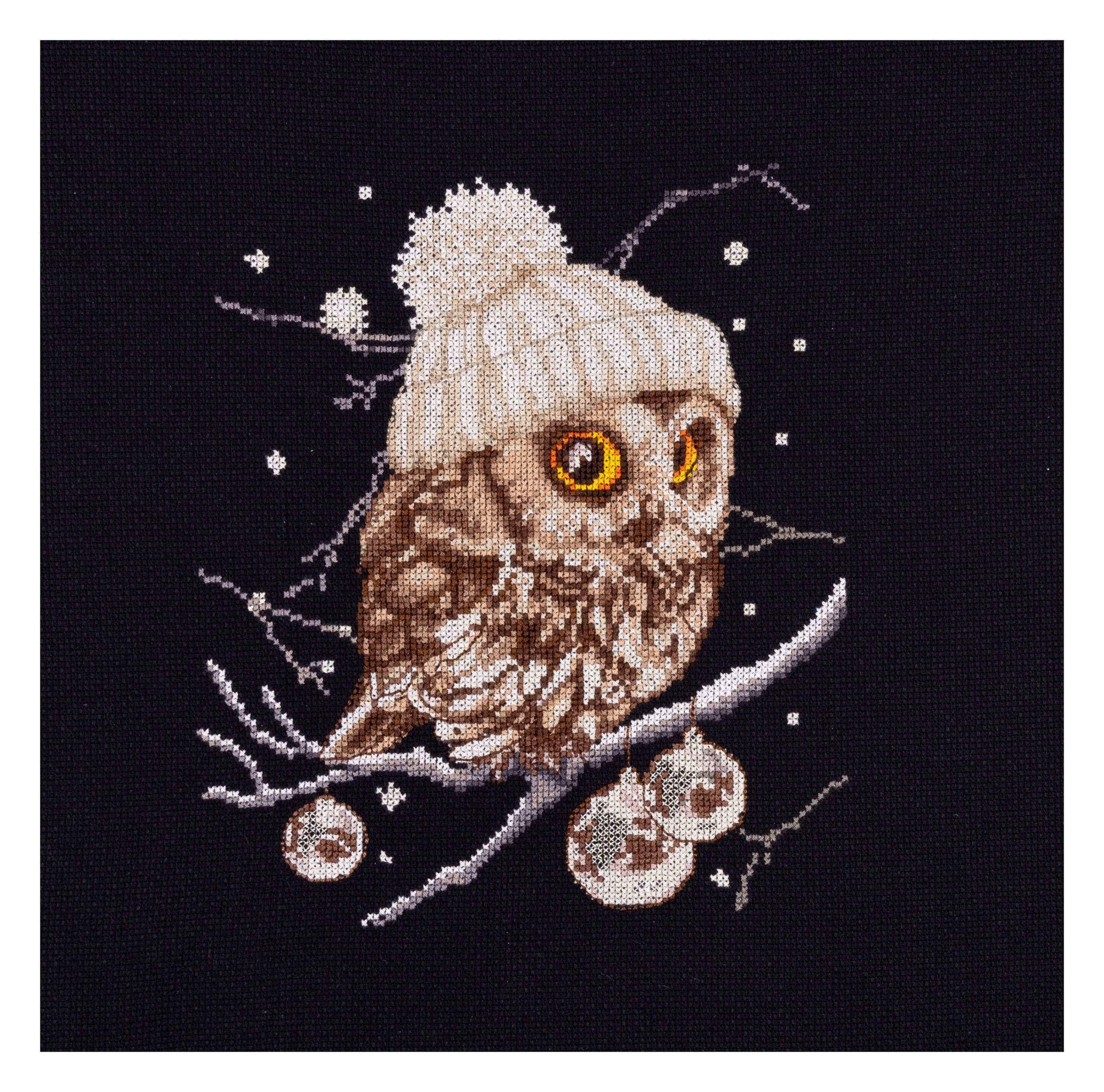 Thea Gouverneur - Counted Cross Stitch Kit - Whoo..Whoo..It's Winter - Aida Black - 16 Count - Embroidery Kit for Adults - DMC Embroidery Threads and Other Cross Stitch Supplies Included - 743.05