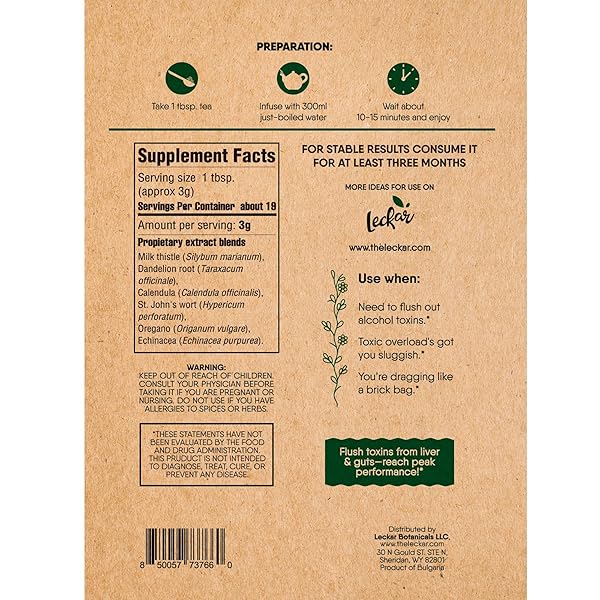 LECKAR HERBAL DETOX TEA BLEND WITH DANDELION ROOT CALENDULA ECHINACEA OREGANO ST. JOHN’S WORT MILK THISTLE KIDNEY & LIVER HEALTH (HERBAL TEA)
