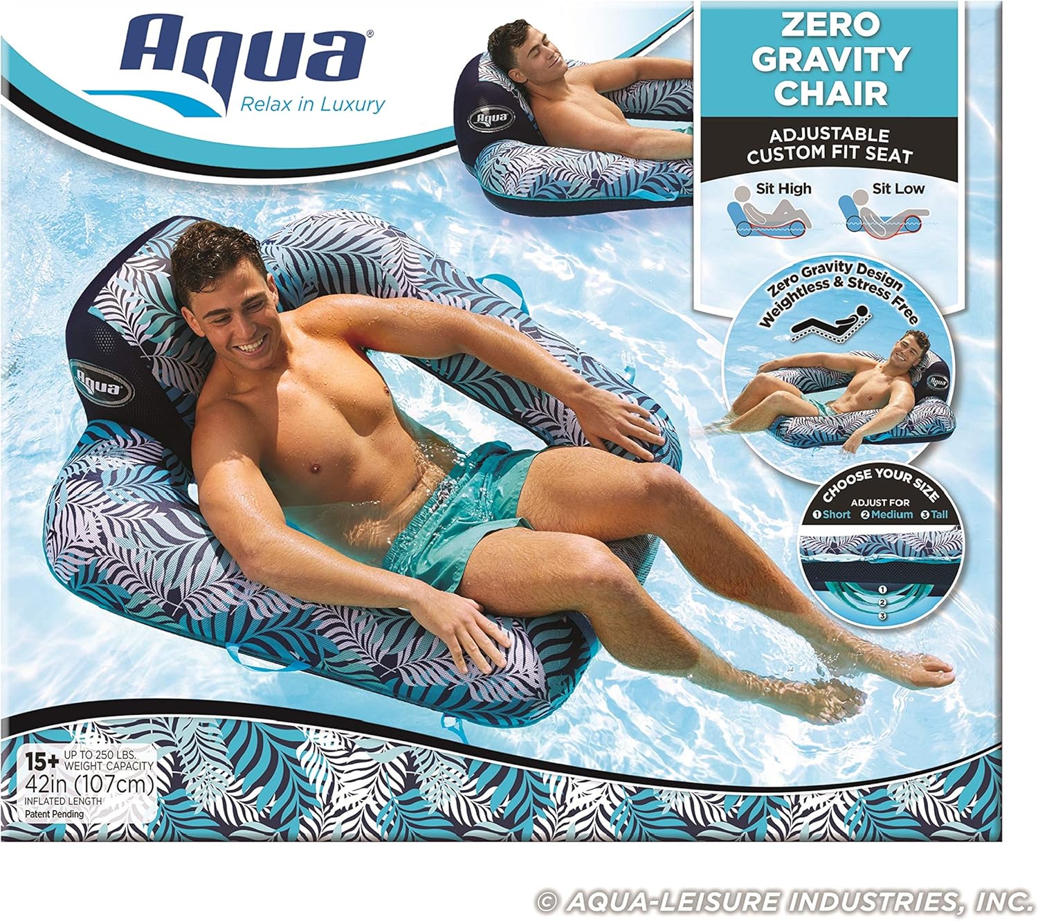 Aqua Zero Gravity Pool Chair Lounge, Inflatable Pool Chair, Adult Pool Float, Heavy Duty, Blue Fern: Toys & Games