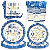 168pcs Hanukkah Plates Napkins Party Decorations Disposable Paper Cups Tableware Set Jewish Chanukah Party Supplies Serve 24 Guests