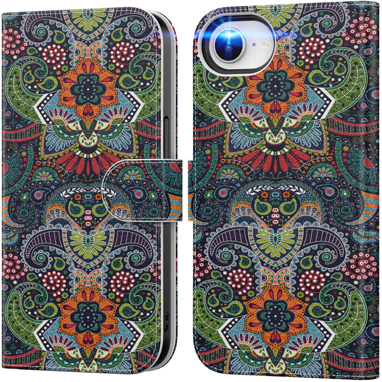 Photo 1 of DEENAKIN for iPhone 16e Wallet Case with Card Holder + Cash Clip, RFID-Blocking, Military-Grade Drop Protection & UV-Printed Artwork, Magnetic Closure with Leather Kickstand - Mysterious Animal Design