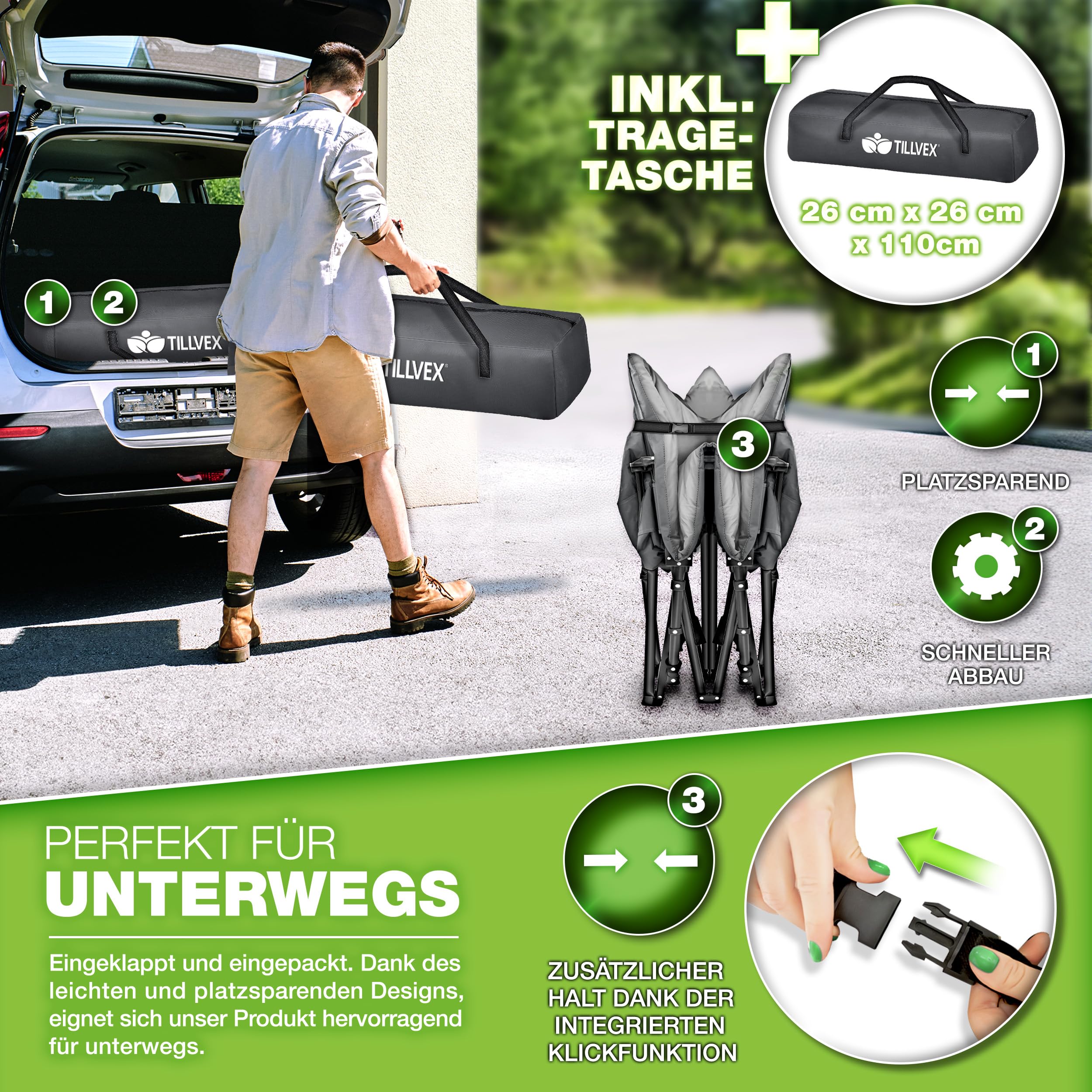 tillvex® Campingbett klappbar mit Tragetasche bis 200 kg | Campingliege extra breit | Feldbett Karpfenliege für Outdoor & Indoor | Klappbett Gästebett faltbar Garten Camping Angeln Festival Reise 4