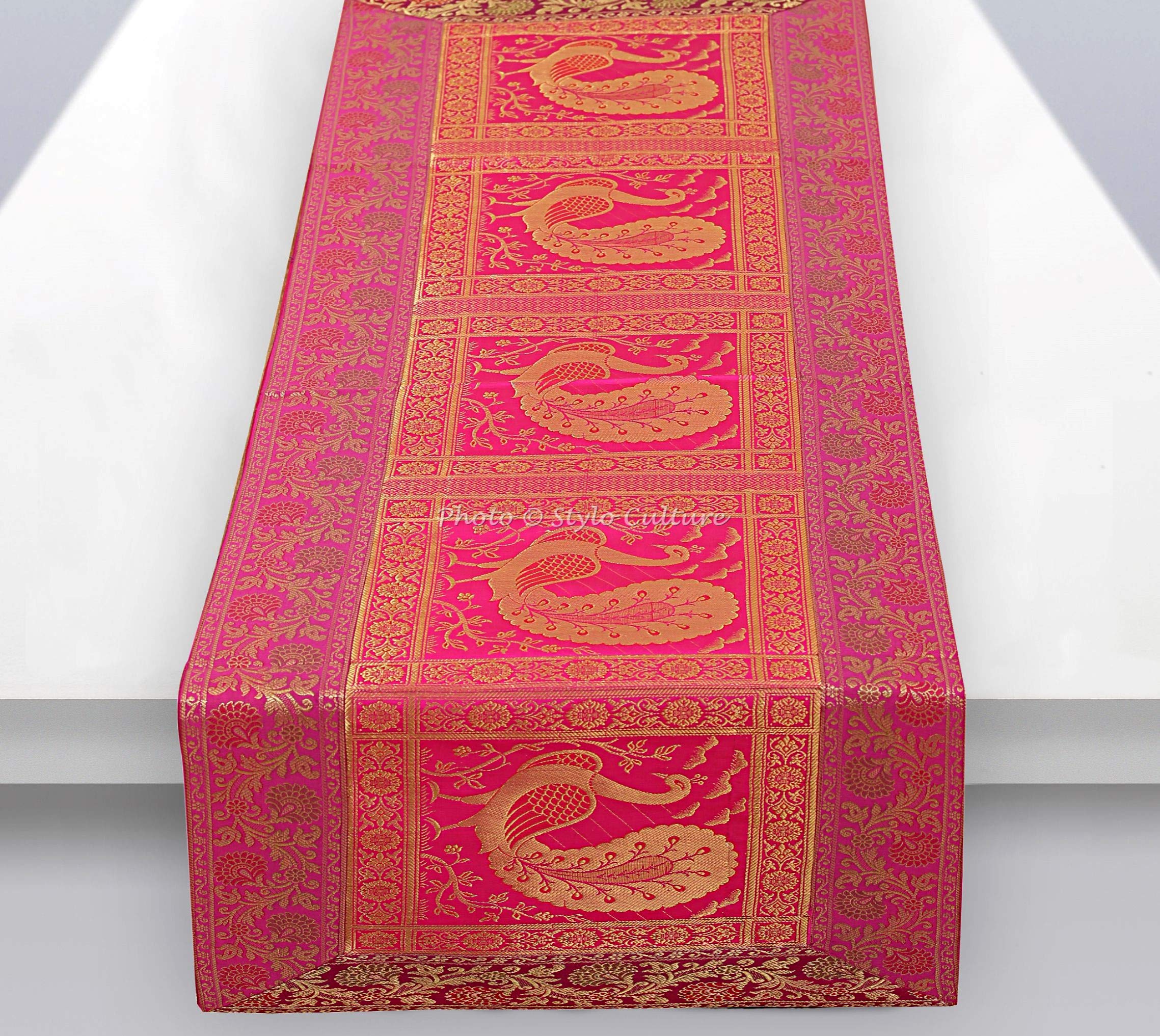 Stylo Culture Traditional Center Table Runner For Coffee Table Magenta Brocade Jacquard & Satin Bohemian Peacock Floral Extra Long Indian Table Decor | 60x16 Inches ( 152 x 40 cm)