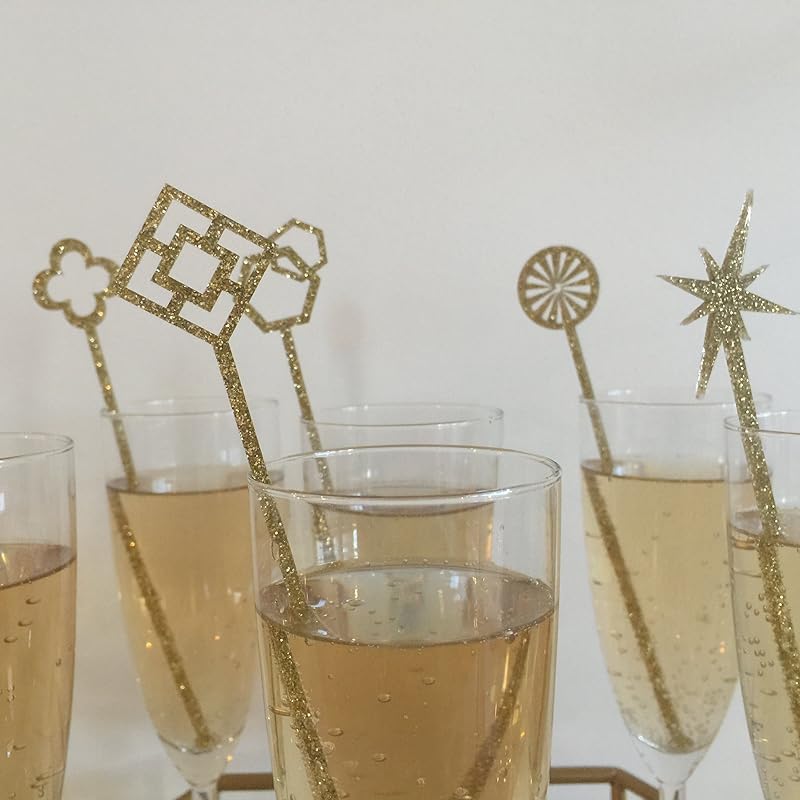 Geometric Gold Glitter Drink Stirrers Set of 6 Laser Cut