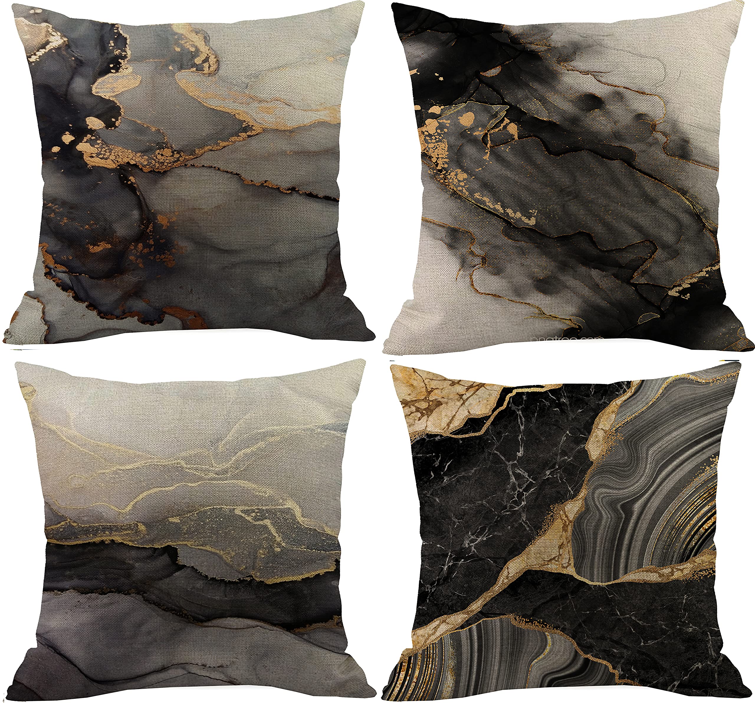 JIANGLANY Marble Texture Full Print Cushion Covers Golden Gray Black Modern Pattern Linen Decorative Square Throw Pillow Case Cover for Living Room Bedroom Garden Sofa Chair,18x18 inch,4 Pieces