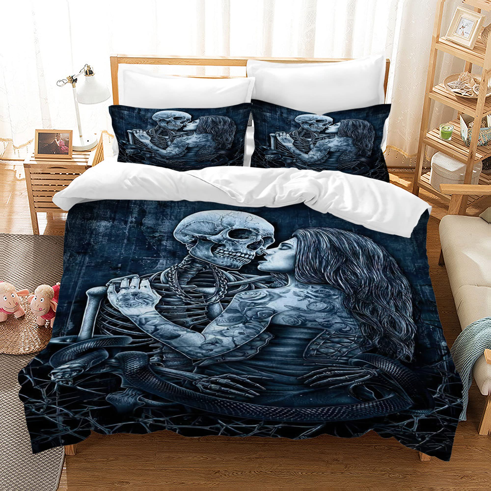 AVJWWD Skull Bedding Duvet Cover Set Soft Microfiber Gothic Bedding Set Skull Pattern Quilt Cover Set with Zipper Closure and 2 Pillow Shams for Kids Adults (Blue, 135x200cm)