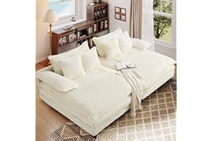 KAKUBOOHI Double Chaise Lounge Chair Indoor, 109.5"W Comfy Corduroy Oversized Lounge Chaise w/ Detachable Armrest Pillows, Deep Seat Cloud Couch Sleeper Sofa Reading Chair for Living Room (Beige, 2-Set)