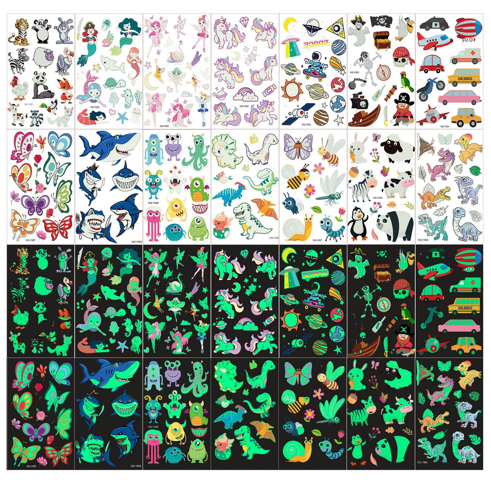 XINDY Temporary Tattoos for Kids, 150+pcs Glow In The Dark Tattoos Unicorn Mermaid Butterfly Fairy Animal Dinosaur Pirate Car Space Fake Tattoo for Boys Girls