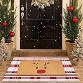 Christmas Door Mat Combo Set, 100% Coco Coir Welcome Mat + 28 x 43 Inches Red and White Diagonal Plaid Rug - New Year Holiday