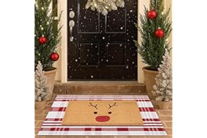 HOMYDECOR Christmas Door Mat Combo Set, 100% Coco Coir Welcome Mat + 28 x 43 Inches Red and White Diagonal Plaid Rug - New Year Holiday Christmas Deer Collection Doormat for Front Porch Entryway Decor