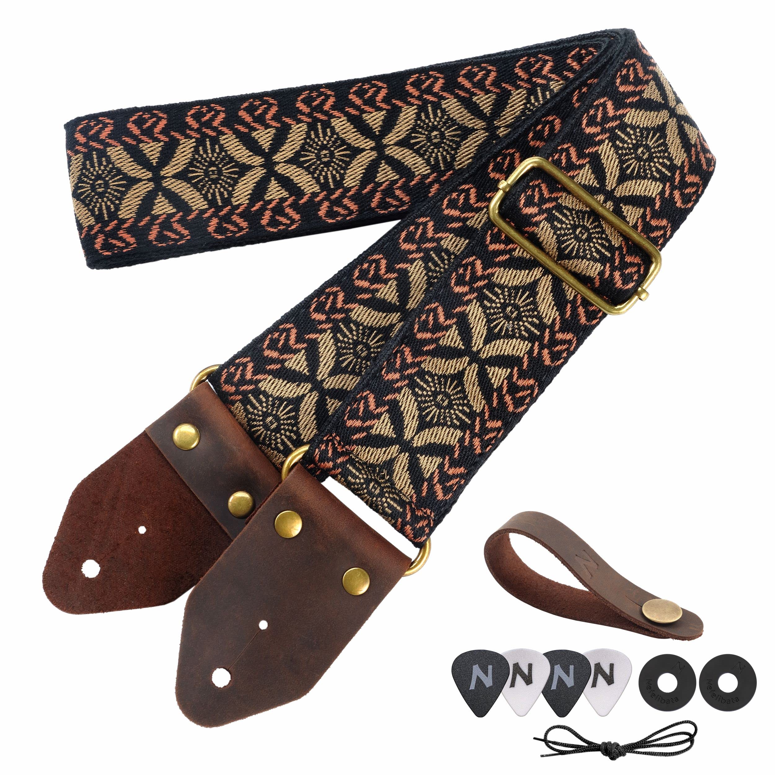 Nefelibata Guitar Strap,Jacquard Embroidery Cotton Guitar Straps with Crazy Horse Leather Leather Ends for Bass, Electric & Acoustic, Best Gifts for Kids, Guitarists(Golden Embroidery)