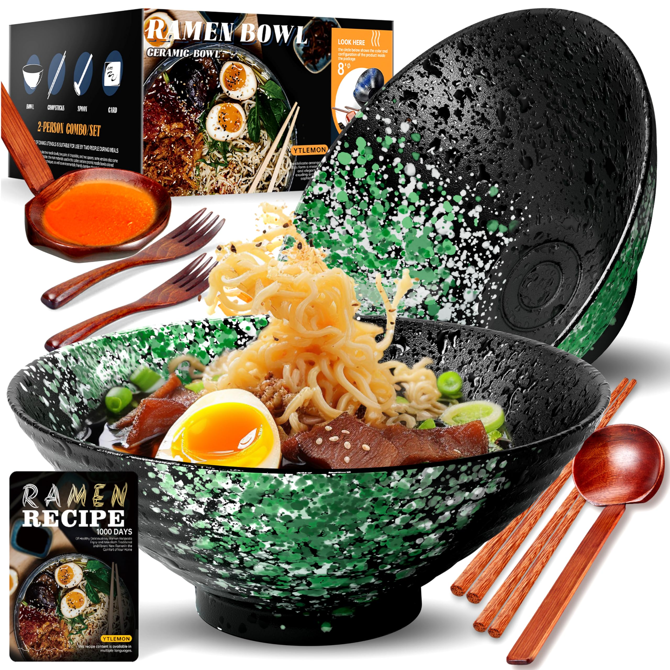 8-Inch Large Ceramic Ramen Bowl Set of 2 (9 Piece) - Microwave & Dishwasher Safe Porcelain Japanese Salad Noodles Cereal Fruit Pasta Soup Bowls with Recipes Chopsticks Forks Spoons for Men Women Gift